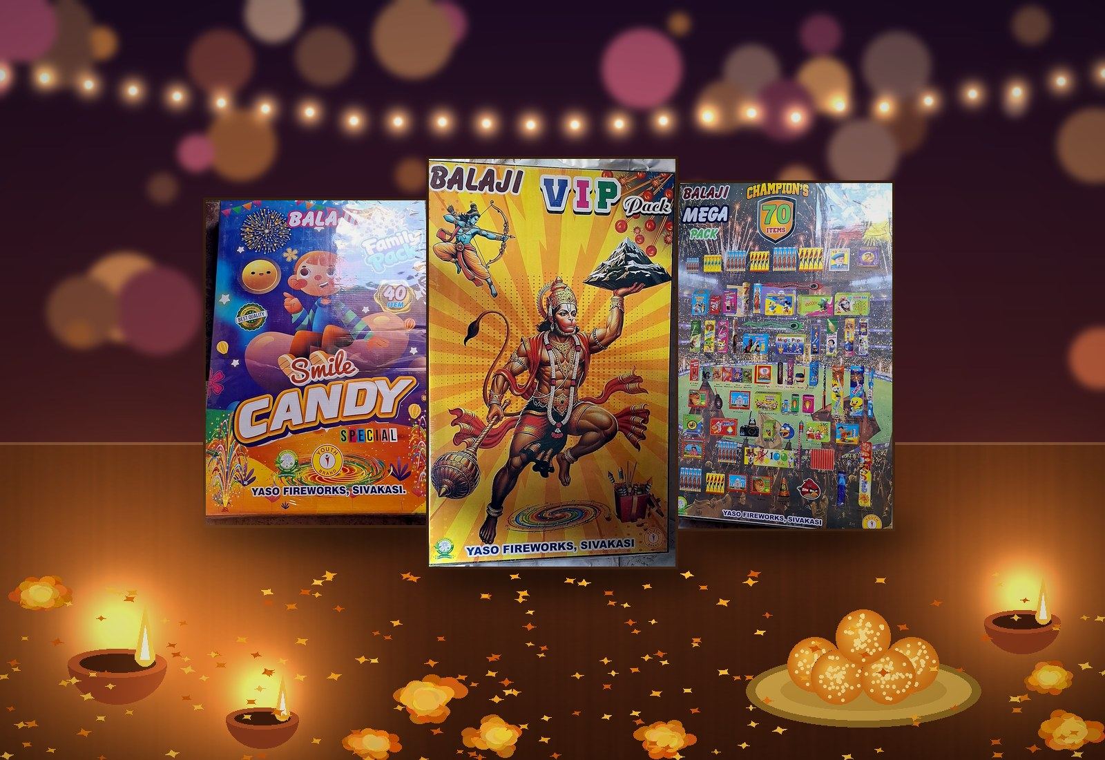 Chiru Fireworks gift boxes on a festive table with diyas, marigolds and laddoos